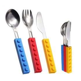 Kids'  3Pcs Flatware with Brick Toy Silicone Handle Childrens Stainless Steel Silverware Toddler Utensils Spoons+Forks+Knife Set