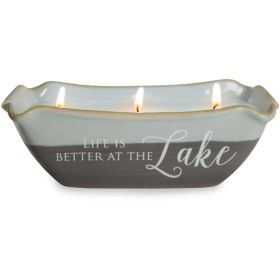 Pavilion Gift Company Plain Love Lives Here-Life is Better at The Lake 3 Wick Ceramic Tranquility Scented Candle, White, Black