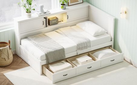 L-Shaped Bed Frame with Drawer and and Bookcase,Corner Bed Wooden Captain Bed with Led Downlight and USB Port for Small Room,Bedroom, Guest Room, Twin