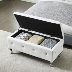 Upholstered Storage Ottoman Bench For Bedroom End Of Bed Faux Leather Rectangular Storage Benches Footrest With Crystal Buttons For Living Room Entryw