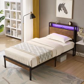 Twin Size Metal Platform Bed Frame with Wooden Headboard and Footboard with USB LINER, LED Lights ,No Box Spring Needed, Large Under Bed Storage