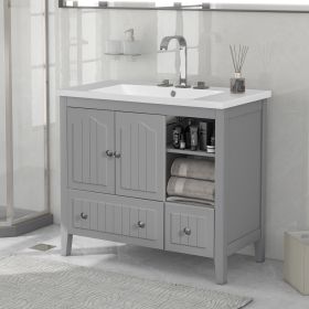 36" Bathroom Vanity with Ceramic Basin;  Bathroom Storage Cabinet with Two Doors and Drawers;  Solid Frame;  Metal Handles (Color: Grey)