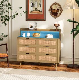 43.31"6-Drawers Rattan Storage Cabinet Rattan Drawer with LED Lights and Power Outlet,for Bedroom,Living Room (Color: Natural)