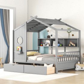 Wooden Full Size House Bed with 2 Drawers,Kids Bed with Storage Shelf (Color: Gray)