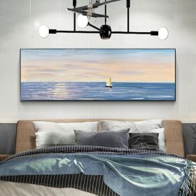 100% Handpainted Modern Abstract Simple Ocean Seaside Pure Ocean Sea oil painting Scandinavian wall artwork for home decor gift (size: 75x150cm)