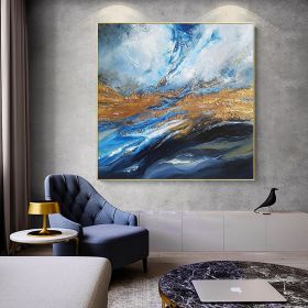 New Painting Home Decoration Modern Hand Painted Abstract Painting With Blue And Gold Texture Large Living Room Wall Picture (size: 150x150cm)